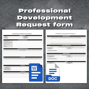 Peut inclure: Un formulaire de demande de développement professionnel sur fond gris. Le formulaire comprend des sections pour les informations sur l'employé, les détails du développement et les approbations. Une icône de document Word bleue et une icône Doc bleue sont également présentes.
