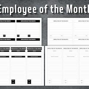 Può includere: Un foglio stampabile con un design in bianco e nero per tenere traccia delle nomination per dipendente del mese. Il foglio ha il testo "Dipendente del mese" in alto e include spazi per il nome del dipendente, il motivo della nomination e la data.