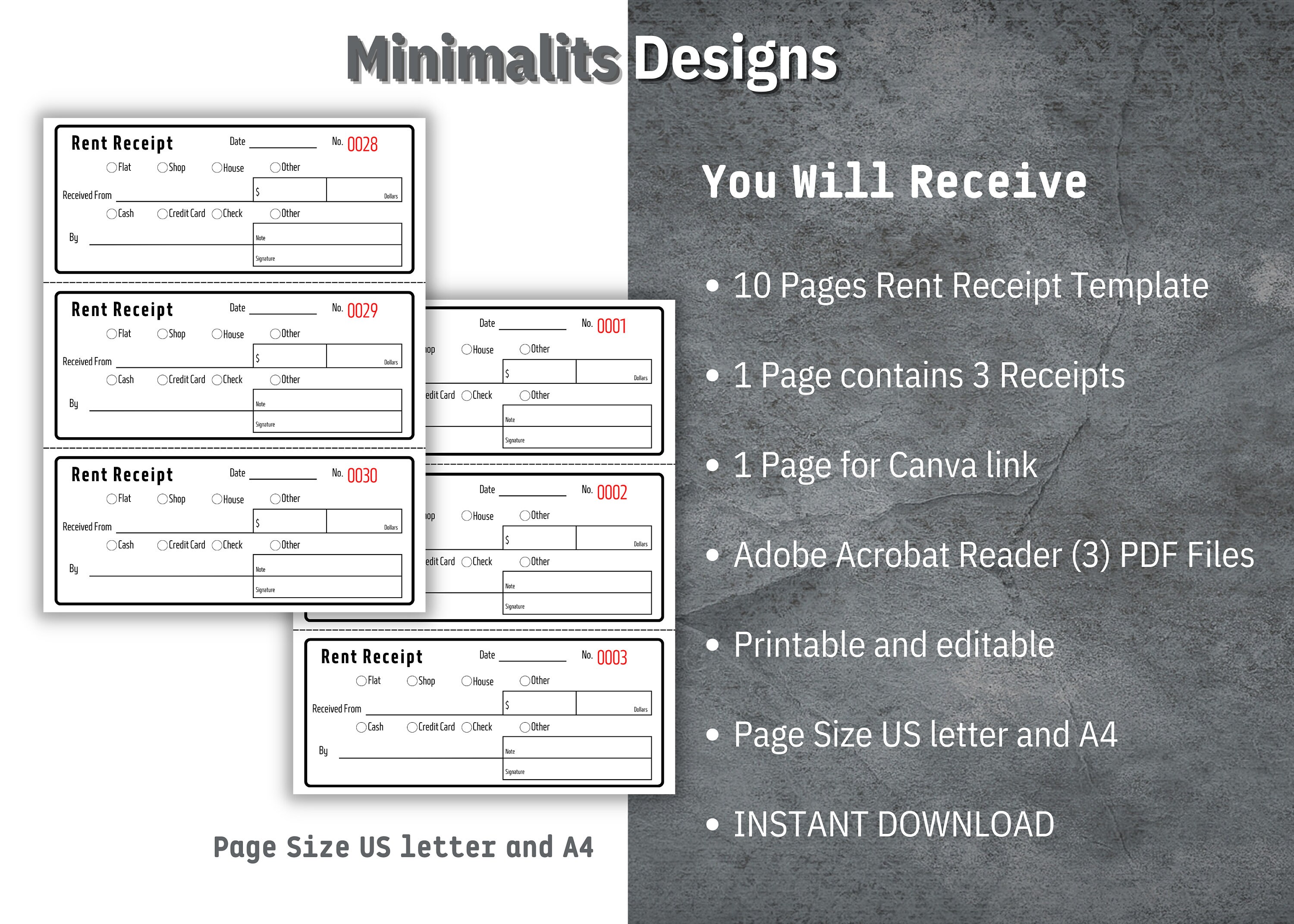 Rent Receipt, Printable Receipt, Cash Receipt, Rent Receipt Template ...