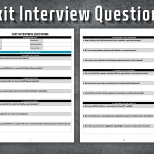Puede incluir: Un formulario de entrevista de salida en blanco y negro con preguntas sobre la satisfacción laboral, la gestión, la formación y el desarrollo, y la compensación y los beneficios. El formulario está dividido en secciones con encabezados para cada categoría.