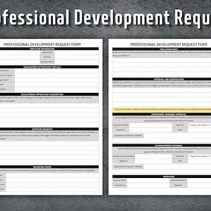 以下が含まれることがあります： 従業員情報、開発機会の詳細、期待されるメリット、概算費用、承認と正当化、上司/マネージャーの承認、人事部の承認、署名のためのセクションを含む、白黒の職業開発リクエストフォーム。