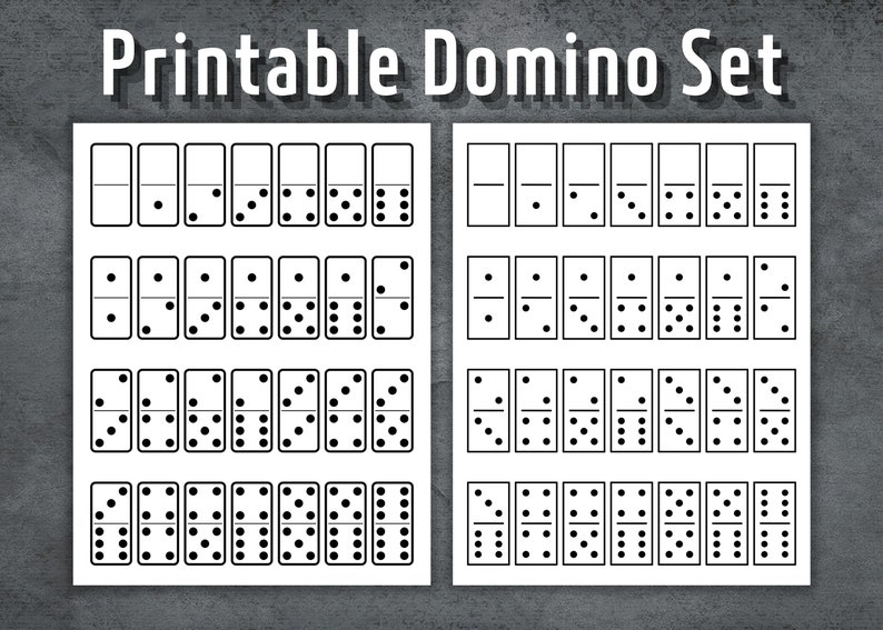 May include: Two sets of printable dominoes, each set contains 28 dominoes. The dominoes are black and white and have dots on them. The text 'Printable Domino Set' is at the top of the image.