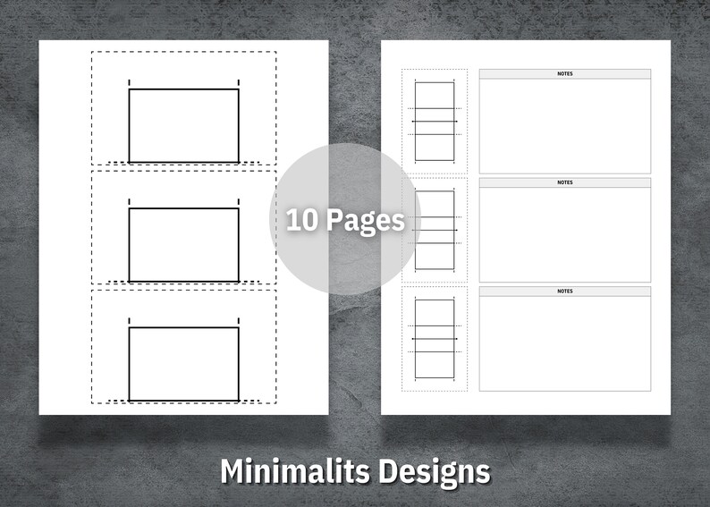 May include: A printable planner page with three sections. The left section has three boxes with dashed lines around them. The middle section has three columns with five lines in each column. The right section has three boxes with the word "NOTES" at the top of each box. The page is labelled "10 Pages" and "Minimalists Designs".