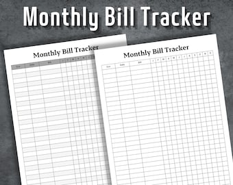 May include: Two printable monthly bill tracker sheets with columns for due date, bill name, and each month of the year. The sheets are black and white with a simple grid design.