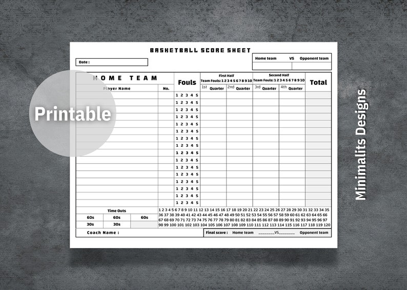 Basketball Score Sheet Basketball Score Card Printable Basketball 