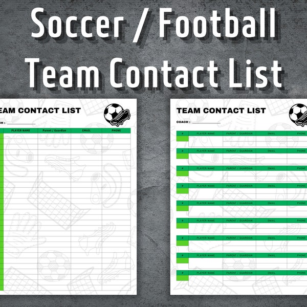 Football Team Contact List, Information Sheet, Printable Contact Sheet, Address Book, Contact List Tracker, Soccer List, Instant Download