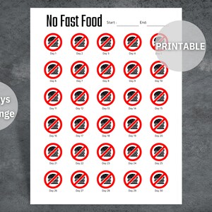 Quit Fast Food Challenge, Printable No Fast Food Challenge, No Fast