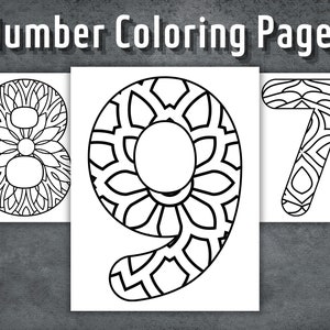 May include: Three printable colouring pages featuring the numbers 8, 9, and 7. Each number is designed with an intricate mandala pattern.