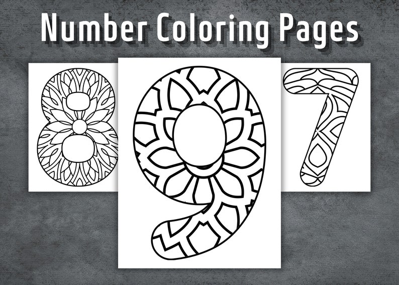 May include: Three printable colouring pages featuring the numbers 8, 9, and 7. Each number is designed with an intricate mandala pattern.