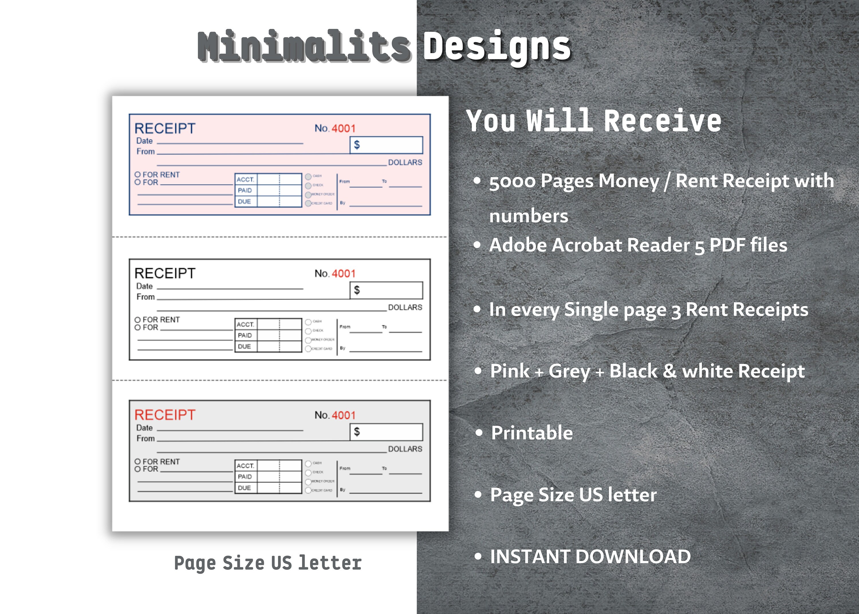 Money or Rent Receipt Printable Receipt 5000 Receipts Rent Etsy