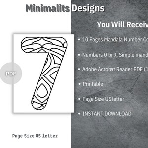 May include: A black and white printable colouring page featuring a mandala design in the shape of the number 7. The page is part of a set of 10 pages with mandala designs for each number 0 through 9. The text "PDF" is visible in the image.