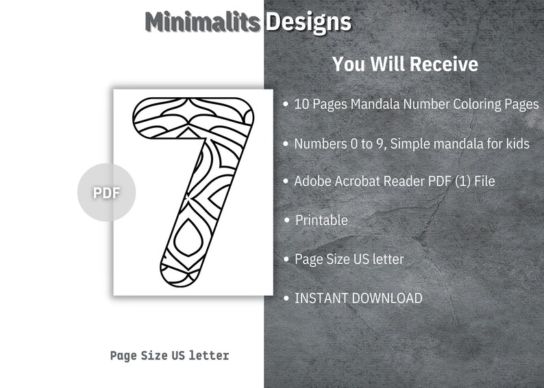 May include: A black and white printable colouring page featuring a mandala design in the shape of the number 7. The page is part of a set of 10 pages with mandala designs for each number 0 through 9. The text "PDF" is visible in the image.
