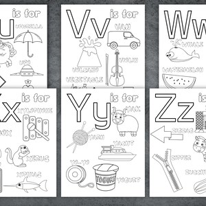 May include: Black and white alphabet flash cards with illustrations of various objects for each letter. The letters are in uppercase and lowercase. The illustrations include a unicorn, umbrella, van, volcano, whale, watch, xylophone, xbox, yarn, yacht, yogurt, zipper, zebra, and zucchini.