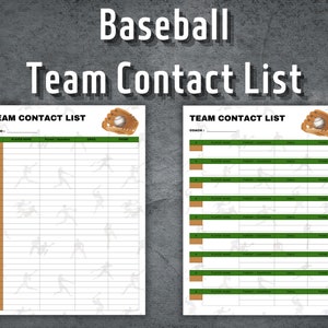 Baseball Team Contact List, Information Sheet, Printable Contact Sheet, Address Book, Contact List Tracker, Instant Download