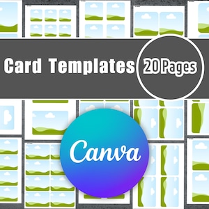 May include: A set of 20 printable card templates featuring a landscape design with green hills, blue sky, and white clouds. The templates are designed for use with Canva.