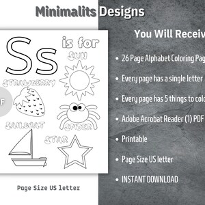 May include: Black and white printable coloring page featuring the letter 'S' and five images: a sun, a strawberry, a sailboat, a spider, and a star. The text 'S is for' is above the letter and the words 'sun', 'strawberry', 'sailboat', 'spider', and 'star' are below the images. The text '26 Page Alphabet Coloring Pages' is listed in the description.