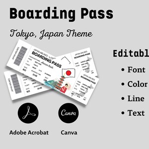 May include: A printable boarding pass template with a Japanese theme. The template features a red and white Japanese flag, a pagoda, and a woman in a traditional kimono. The text on the template reads "Japan Airlines Boarding Pass".