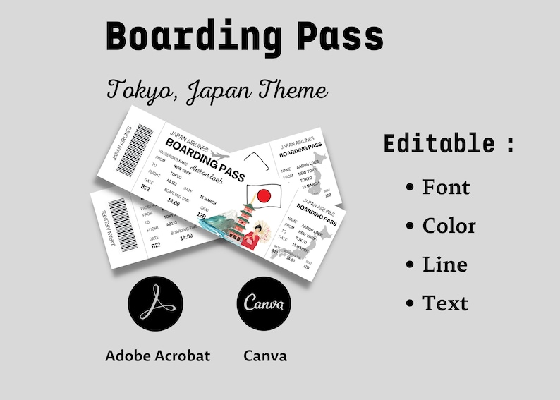 May include: A printable boarding pass template with a Japanese theme. The template features a red and white Japanese flag, a pagoda, and a woman in a traditional kimono. The text on the template reads "Japan Airlines Boarding Pass".