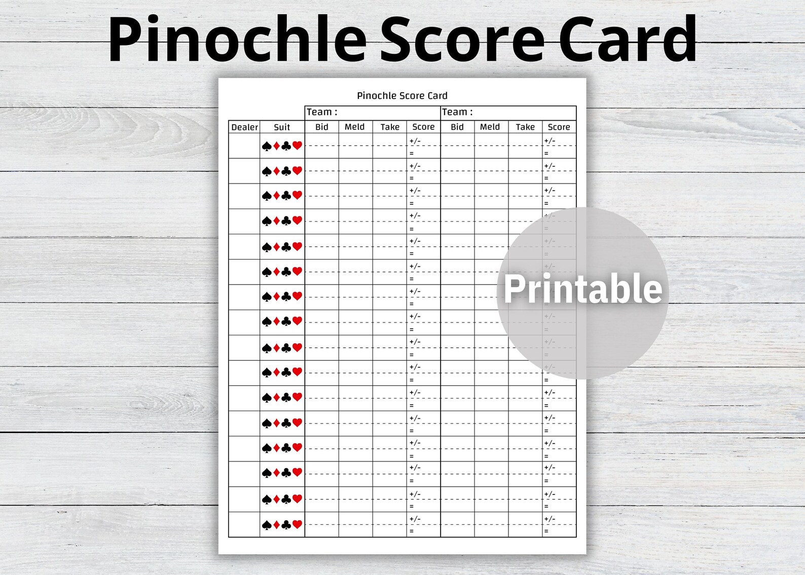 Pinochle Score Card, Pinochle Game, Pinochle Scoresheet, Printable ...