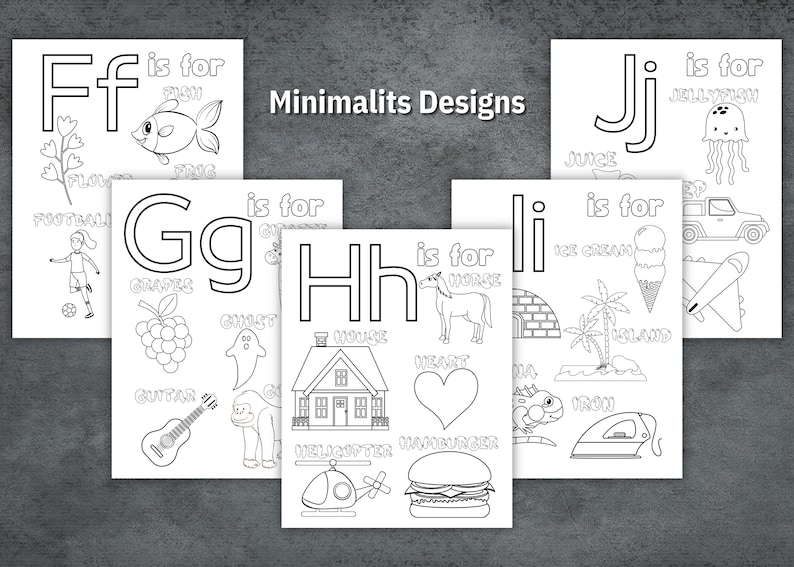 May include: Black and white printable alphabet flash cards for kids. Each card features a letter of the alphabet, a word that starts with that letter, and an illustration of the word. The letters are in uppercase and lowercase.