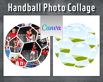 May include: A photo collage of a handball, featuring images of handball players and a sky with clouds. The collage is created with Canva.