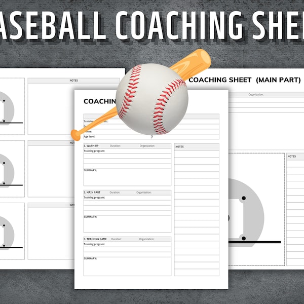 Baseball-Trainer, Baseball-Übungsplan, Baseball-Spieltag-Methode, Baseballspieler-Bewertung, bearbeitbarer Baseball, Sofort-Download
