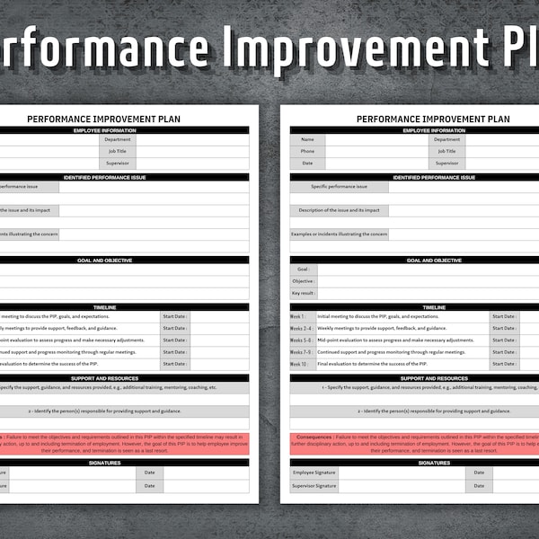 Modèle de plan d'amélioration des performances, formulaire PIP imprimable, ressources humaines, outils commerciaux, modèles RH, modèle PIP modifiable