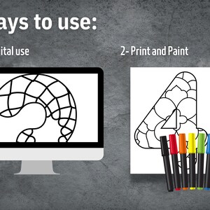 May include: A black and white illustration of the number 4 with a geometric pattern. The image shows two ways to use the design: digitally or printed for colouring. The printed version is shown with a set of coloured markers.