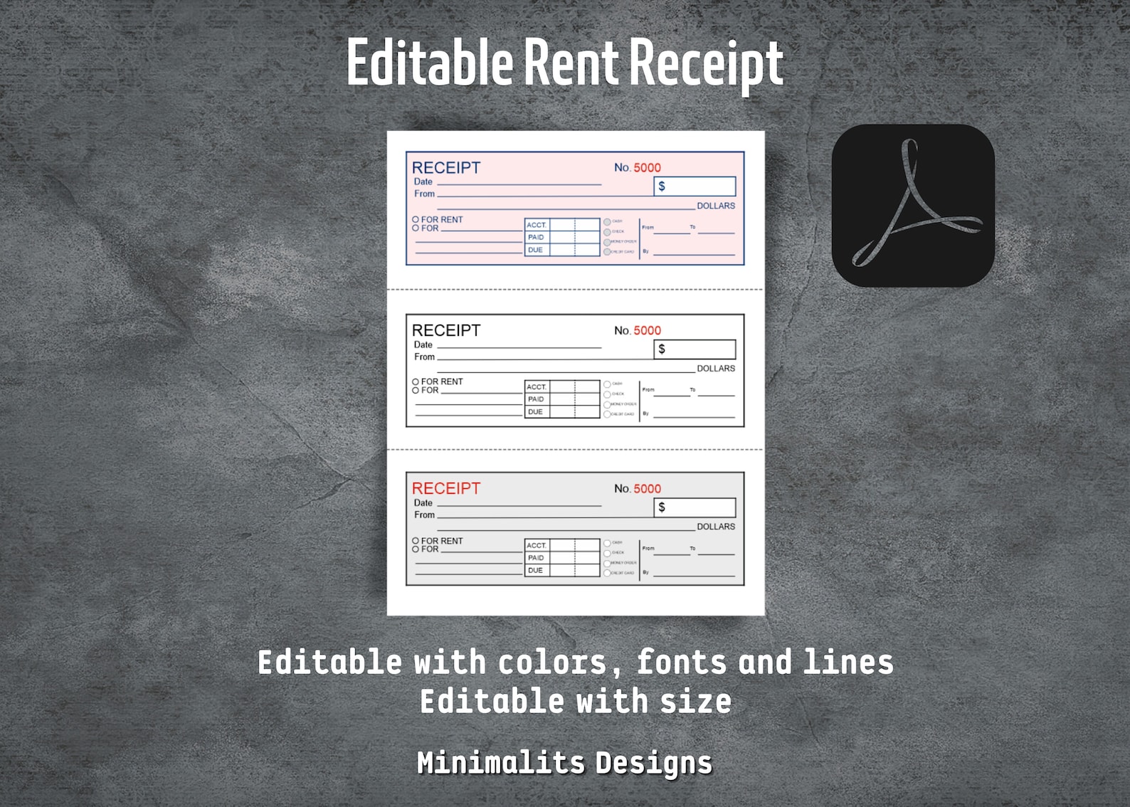 Money or Rent Receipt, Printable Receipt, 5000 Receipts, Rent Receipt