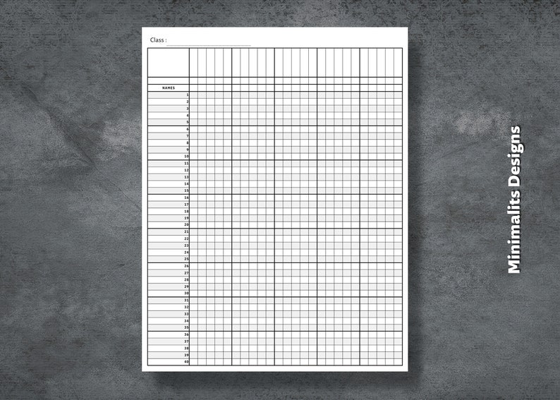May include: A blank printable classroom seating chart with the word "Class:" at the top and the numbers 1 through 45 listed down the left side.