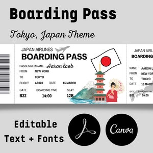 May include: A printable boarding pass template with a Japanese theme. The template features a red and white Japanese flag, a pagoda, a mountain, and a woman in a traditional kimono. The text on the template reads "Japan Airlines Boarding Pass".