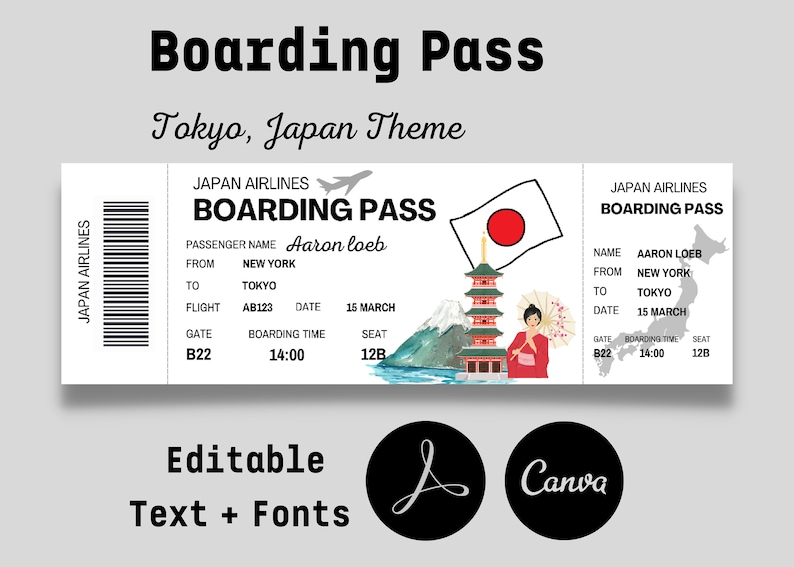 May include: A printable boarding pass template with a Japanese theme. The template features a red and white Japanese flag, a pagoda, a mountain, and a woman in a traditional kimono. The text on the template reads "Japan Airlines Boarding Pass".