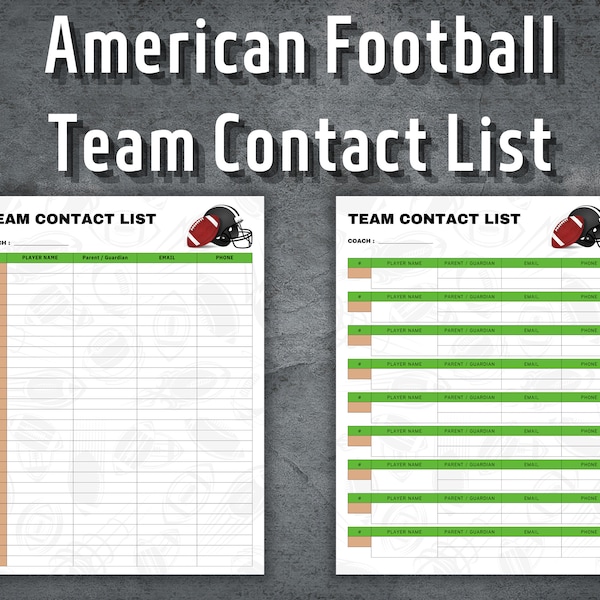 American Football Team Contact List, Information Sheet, Printable Contact Sheet, Address Book, Contact List Tracker, Instant Download