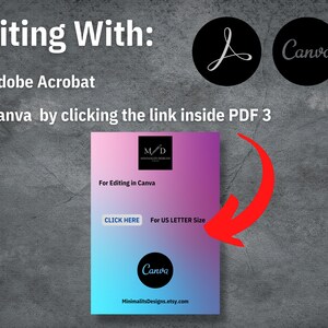 May include: A pink and blue gradient digital download for a printable design. The text says "For Editing in Canva" and "Click Here for US Letter Size". The image also includes the Canva logo.