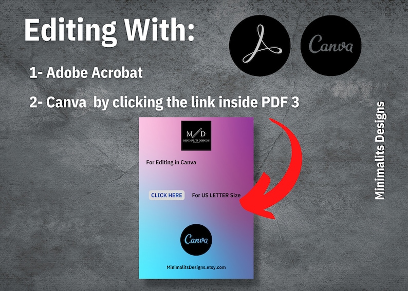 May include: A pink and blue gradient digital download for a printable design. The text says "For Editing in Canva" and "Click Here for US Letter Size". The image also includes the Canva logo.