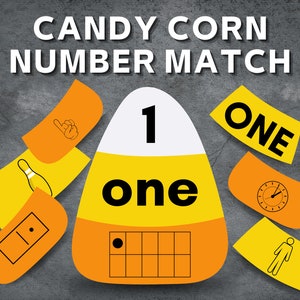 May include: A yellow and orange candy corn shape with the number "1" and the word "one" written on it. There are several orange squares with different images on them, including a bowling pin, a clock, a person, and a domino.