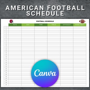 American Football-schemasjabloon, afdrukbaar voetbalschema, bewerkbaar voetbalwedstrijdschema, voetbalseizoenspellen, speelschema