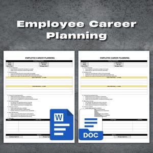 Può includere: Due modelli di pianificazione della carriera dei dipendenti con il titolo "Employee Career Planning" in alto. I modelli includono sezioni per le informazioni sui dipendenti, gli obiettivi e le fasi di azione. Un'icona di Microsoft Word e un'icona DOC sono in basso.