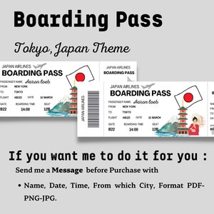May include: A printable boarding pass template with a Japanese theme. The template features a red circle with a white centre, a pagoda, a mountain, and a woman in a red kimono. The text on the template reads "Japan Airlines Boarding Pass".