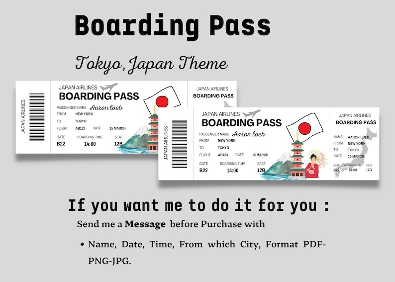 May include: A printable boarding pass template with a Japanese theme. The template features a red circle with a white centre, a pagoda, a mountain, and a woman in a red kimono. The text on the template reads "Japan Airlines Boarding Pass".