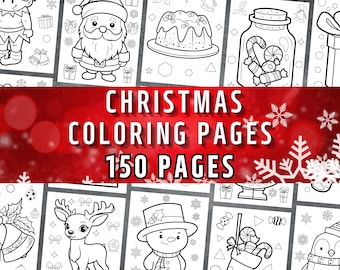 May include: A collection of 150 black and white Christmas colouring pages featuring various holiday themes, including Santa Claus, elves, reindeer, snowmen, presents, candy canes, and more.