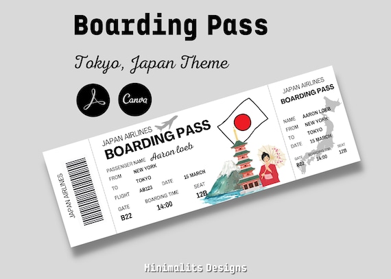 Japan Boarding pass, Editable Boarding Pass, Vacation ticket, Printable Airline Ticket, Boarding Pass Surprise Trip, Digital Download