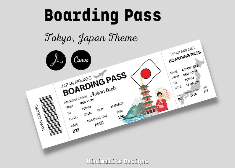 May include: A printable boarding pass template with a Japanese theme. The pass features a red and white Japanese flag, a pagoda, a mountain, and a woman in a traditional kimono. The text on the pass reads "Japan Airlines Boarding Pass".