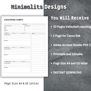 May include: A printable coaching sheet for volleyball, with a black and white design. The sheet includes sections for warm-up, main part, and training game. It also includes a section for notes. The text "COACHING SHEET" is at the top of the page. The text "Page Size A4 & US letter" is at the bottom of the page.