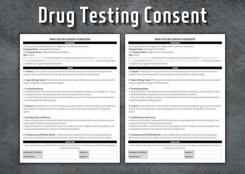 Drug Test Consent Form, Editable Drug Testing Consent Agreement, Human ...