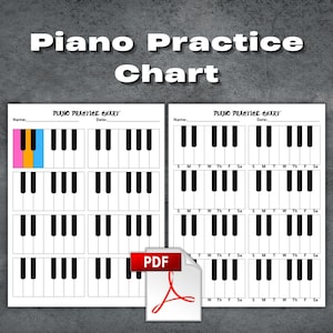 May include: A piano practice chart with the text "Piano Practice Chart" at the top. The chart features multiple piano keyboard diagrams with colored keys and space for the user's name and date. A PDF icon is in the lower right.