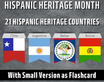 Hispanic Heritage Month, Printable Hispanic Country Flags, Celebrate Hispanic Heritage, Hispanic Nations in Flags & Names, Instant Download