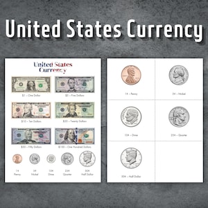 May include: A chart showing the different denominations of US currency, including paper bills and coins. The bills are arranged in order of value, from $1 to $100. The coins are arranged in order of value, from 1 cent to 50 cents. The chart includes the value of each bill and coin, as well as the name of each denomination.