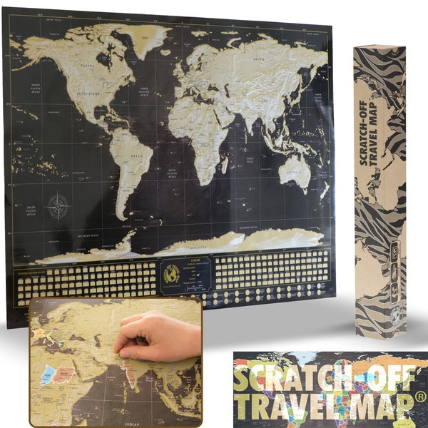 Scratch Off World Map Poster 84 x 59 cm - Black and Gold with Silver Mountains | Country Flags and The World's 50 most tourist attractions