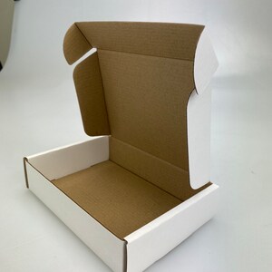 May include: A white cardboard box with a brown interior. The box is open and the lid is folded back.